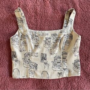 Abercrombie & Fitch Cream Cropped Tank with Black Sketch Print